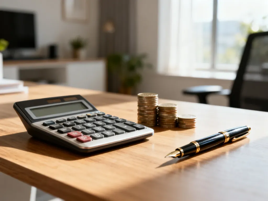 Minimalistyczne biurko z kalkulatorem i monetami, symbolizujące planowanie finansów i obliczanie wynagrodzenia.