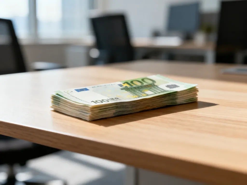 Stos banknotów na drewnianym biurku w słonecznym biurze, symbolizujący kwestie finansowe i wynagrodzenie.